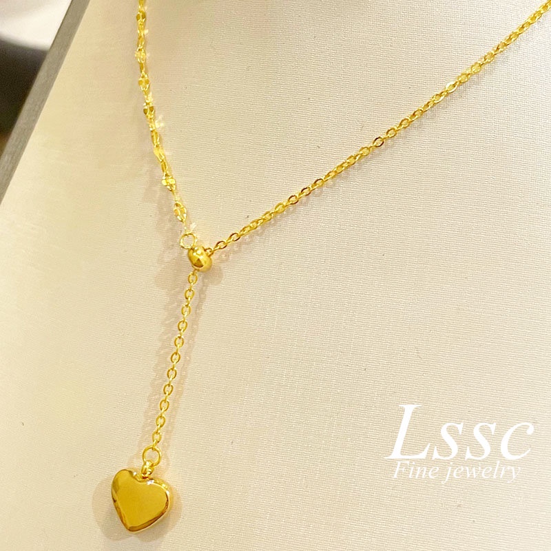 Kalung Titanium Serut Hati Rumbai Panjang Emas 18K Cantik Aksesoris Wanita Fashion Korea