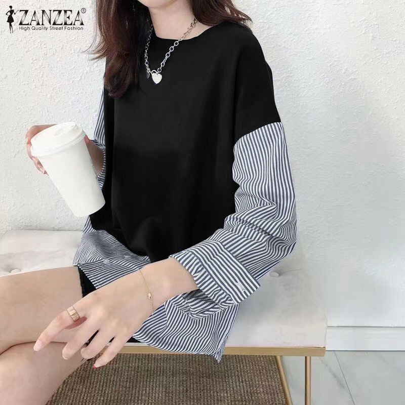 ZANZEA Women Striped Patchwork Fake Two Pieces Long Sleeve O Neck Casual Blouse