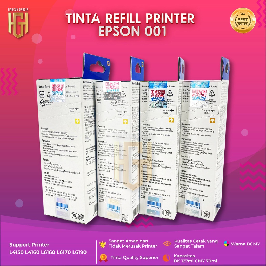 Tinta Epson 001 Black Tinta Printer L4150 L4160 L6160 L6170 L6190 Premium