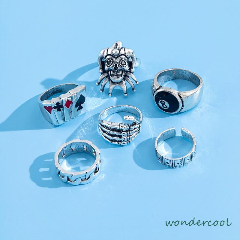 6PCS/Set Cincin Unisex  Punk Membesar-besarkan  Badut Poker Cakar Hantu Tengkorak  Perhiasan Bulat Nomor 8-Won