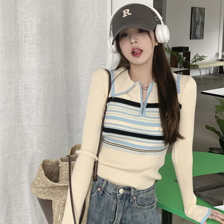 Baju Atasan Wanita Rajut Stripe Lengan Panjang Polo Neck