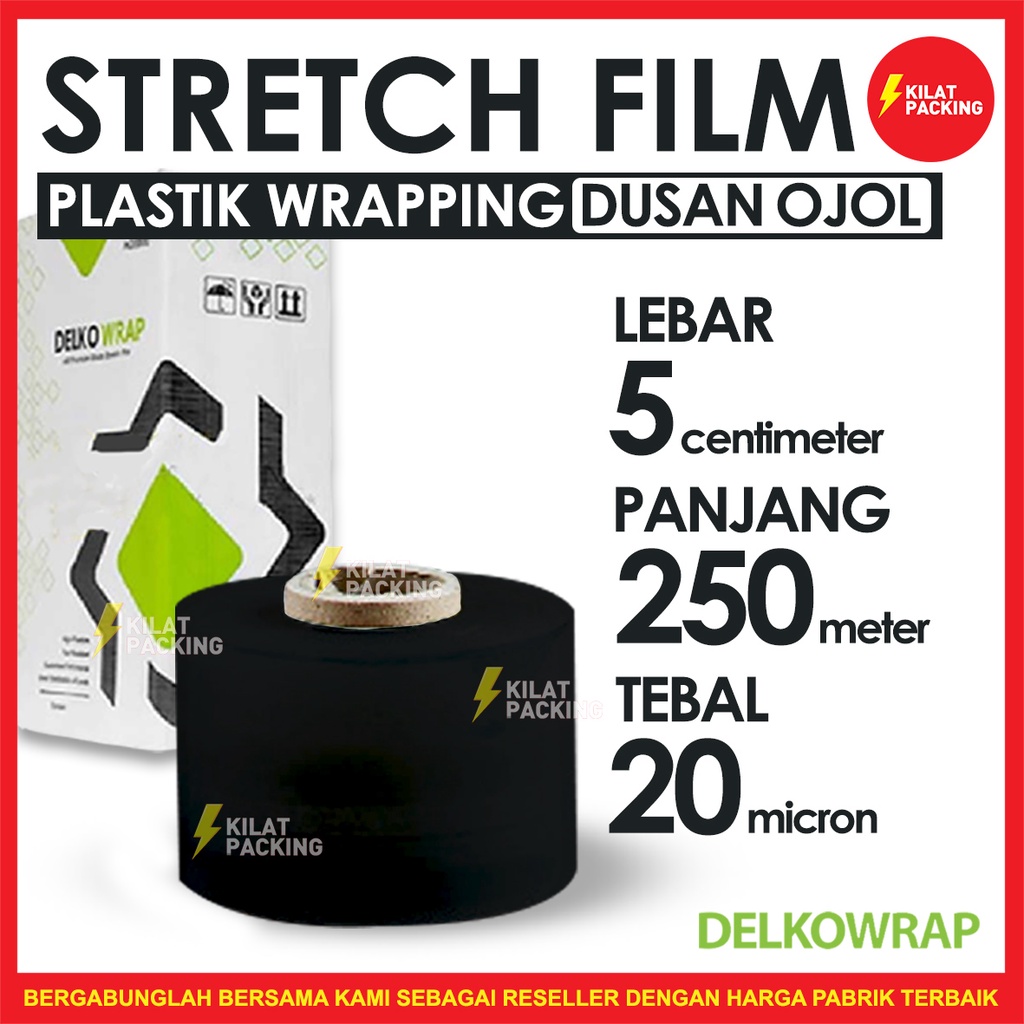 

PLASTIK WRAP KUAT TERMURAH - STRETCH FILM HITAM - DELKOWRAP - 5CM X 250M DUS GOJEK/GRAB 60 Pcs