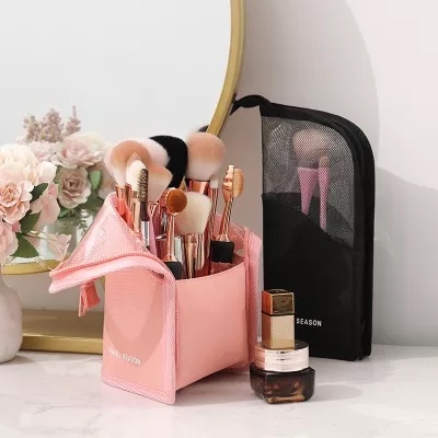 SG1 Mesh Pouch / Tas Make Up Portable Organizer Alat Kosmetik / Skincare / Kuas Wajah Mudah Dibawa Travel Dapat Dilipat Tahan Air Praktis Elegan Premium Travel Stand Bag Organizer