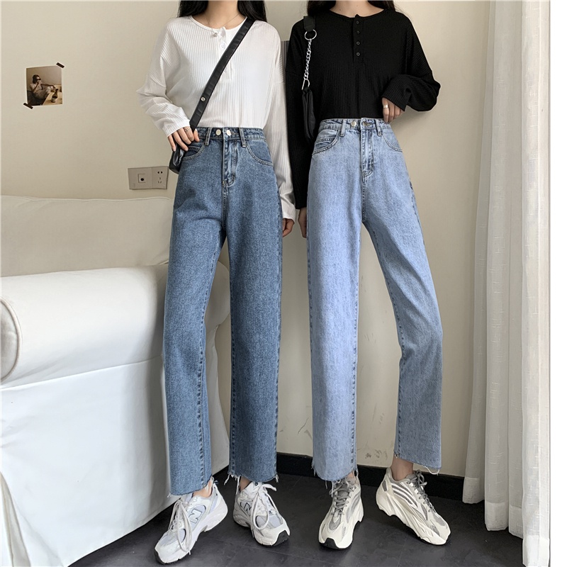 Biru muda&amp;Biru retro new unfinished boyfriend celana jeans wanita