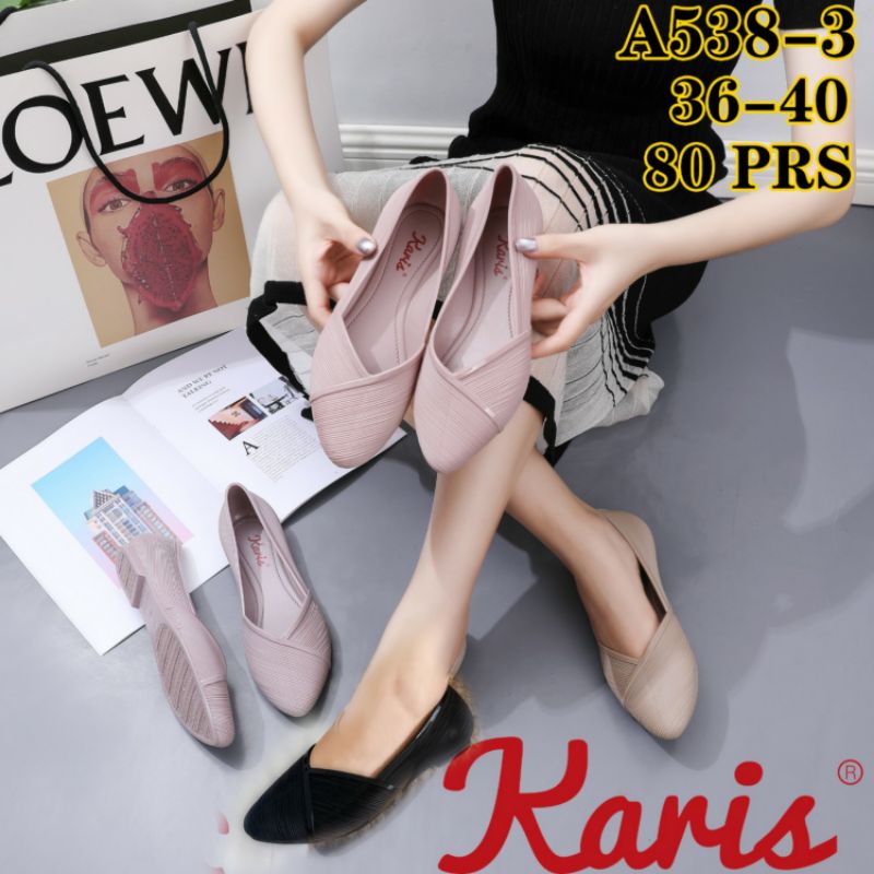 A538-3 Sepatu Jelly Karis Motif Silang Kerja Flat Shoes Wanita Jely Elegan Nyaman Flatshoes Salur Garis V Selop Slop A538 538 538-3 Cewek Perempuan Karet Impor Import