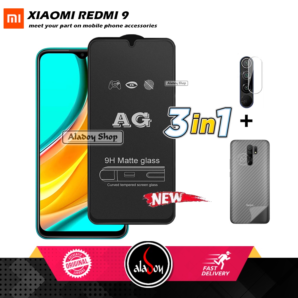 Paket 3IN1 Tempered Glass Layar Matte Anti Glare XIAOMI REDMI 9 Free Tempered Glass Camera dan Skin Carbon