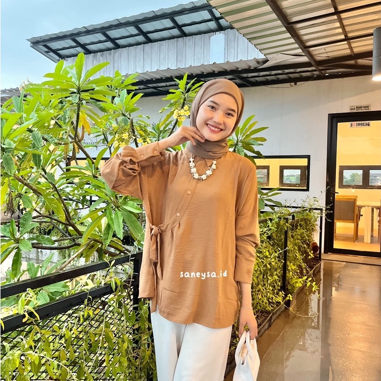 Hela Top Blouse Crinkle Kemeja Wanita Kekinian - Atasan Wanita Crinkle Airflow - Atasan Wanita Lengan Panjang - Blouse Tali Samping - Kemeja Basic - Ghina Top Crinkle