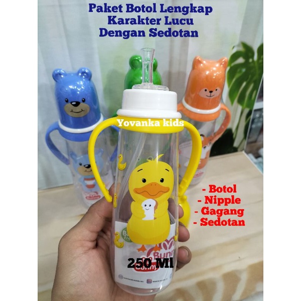 Paket Botol Susu Karakter Lucu(Botol+Nipple+Gagang+Sedotan)BPA Free 250 Ml/125 Ml 2418