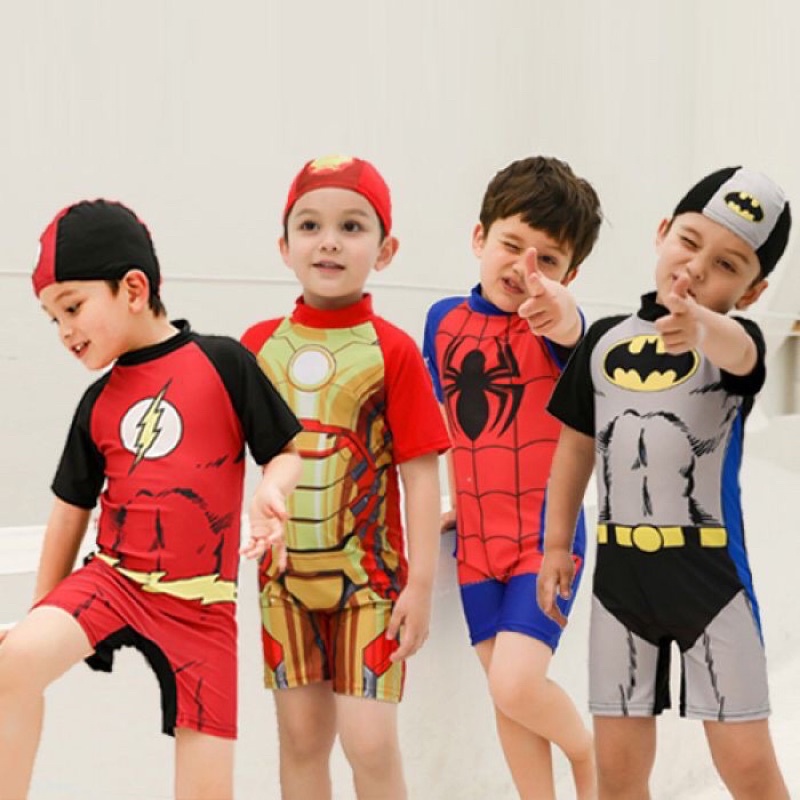 Set Baju Renang Anak Bahan Premium Quality Tebal Free Topi Gambar Superhero Baju Renang Anak Laki laki Lucu Swimsuit Anak Murah