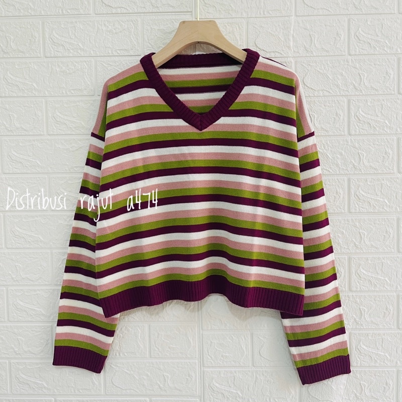 KAGURA KNIT STRIPE WANITA V LENGAN PANJANG PREMIUM SWEATER KOREA