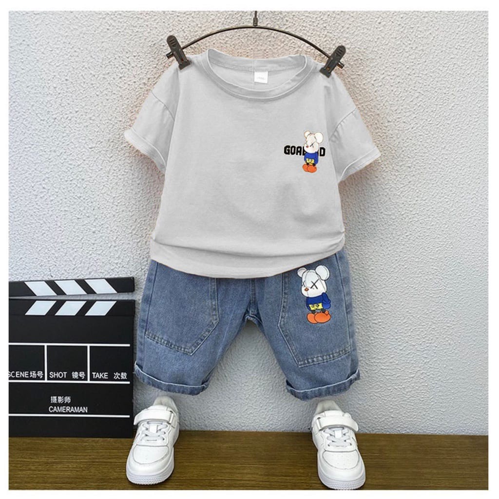 SETELAN ANAK BAJU KAOS CELANA PENDEK BAHAN DENIM UMUR 1-5 TAHUN