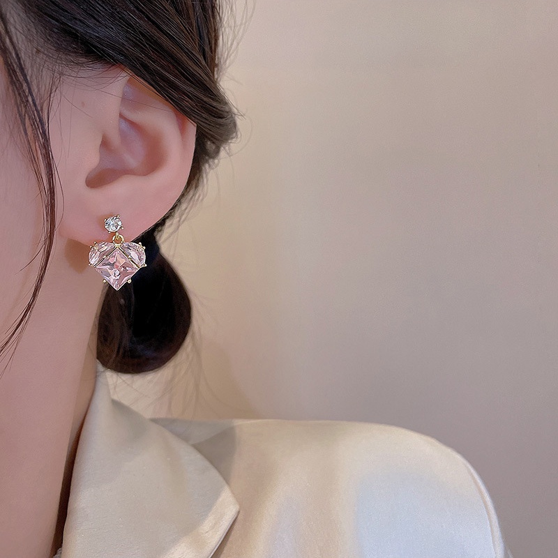 925jarum Perak Mewah Jarum Merah Muda Zirkon Anting Hati Mode Halus Kecil Anting Gesper Telinga