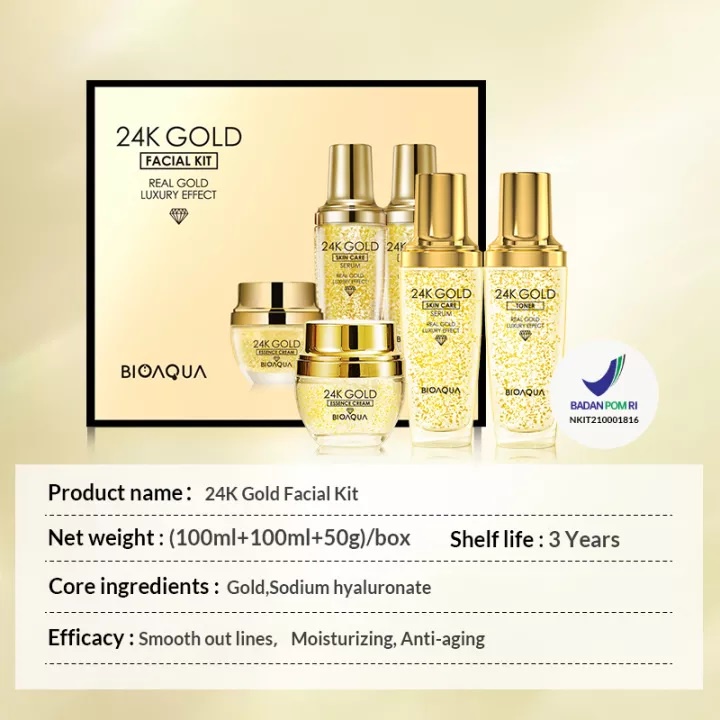 BIOAQUA 24K Gold Facial Kit paket skincare (Gold Toner 100ml+Gold Serum 100ml+Essence Cream 50g) BPOM