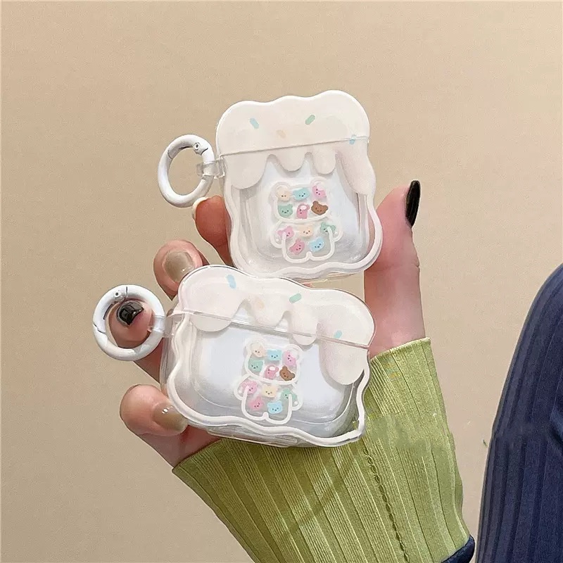 Kompatibel Untuk Airpods3 2021perbatasan Gelombang Kartun Lucu Cream Motif Beruang Shockproof Case Charging Box Earphone Case Compatible Untuk Airpods1 2 Pro