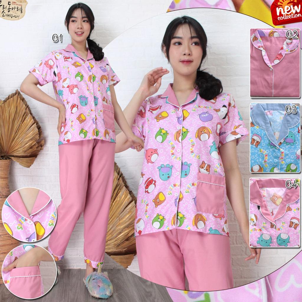 Piyama Wanita Baju Tidur Kombinasi Combi Motif Trendy Lengan Panjang Pendek