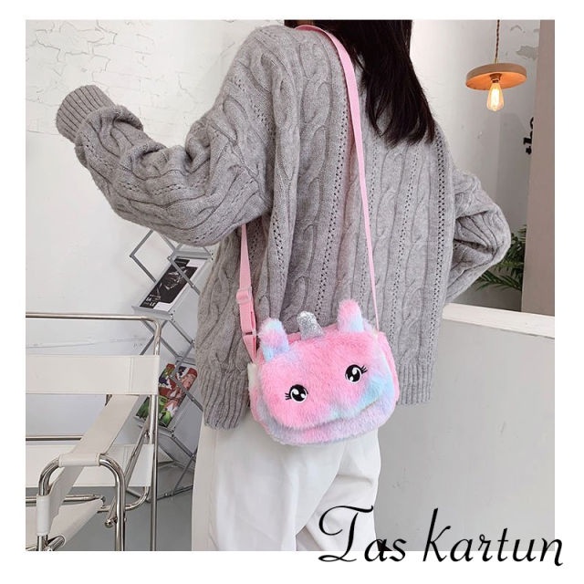 Holiven Tas Anak Unicorn Bulu Warna Ungu Pink Biru / Tas Selempang Anak Gradasi