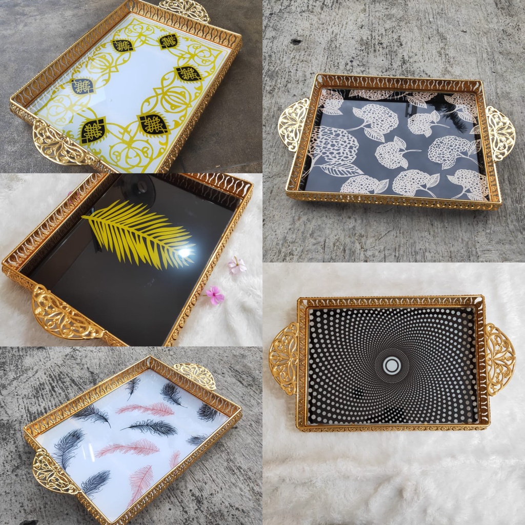 Nampan Segiempat Kaca Elegan Modern / Nampan Pernikahan / Hiasan Nampan Kaca