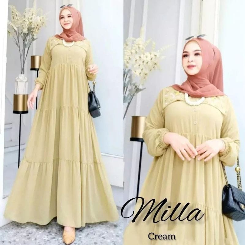 Milla Dress Gamis Malaysia Ceruty Babydoll Aksen Bordir Baju Kondangan Wanita Jumbo Gamis Busui Friendly Gaun Pesta Muslimah