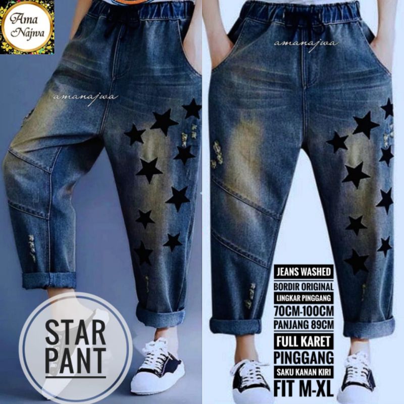Celana wanita Star pant (bahan jeans washed) bordir original | Lingkar pinggang 70-100 cm Panjang 80