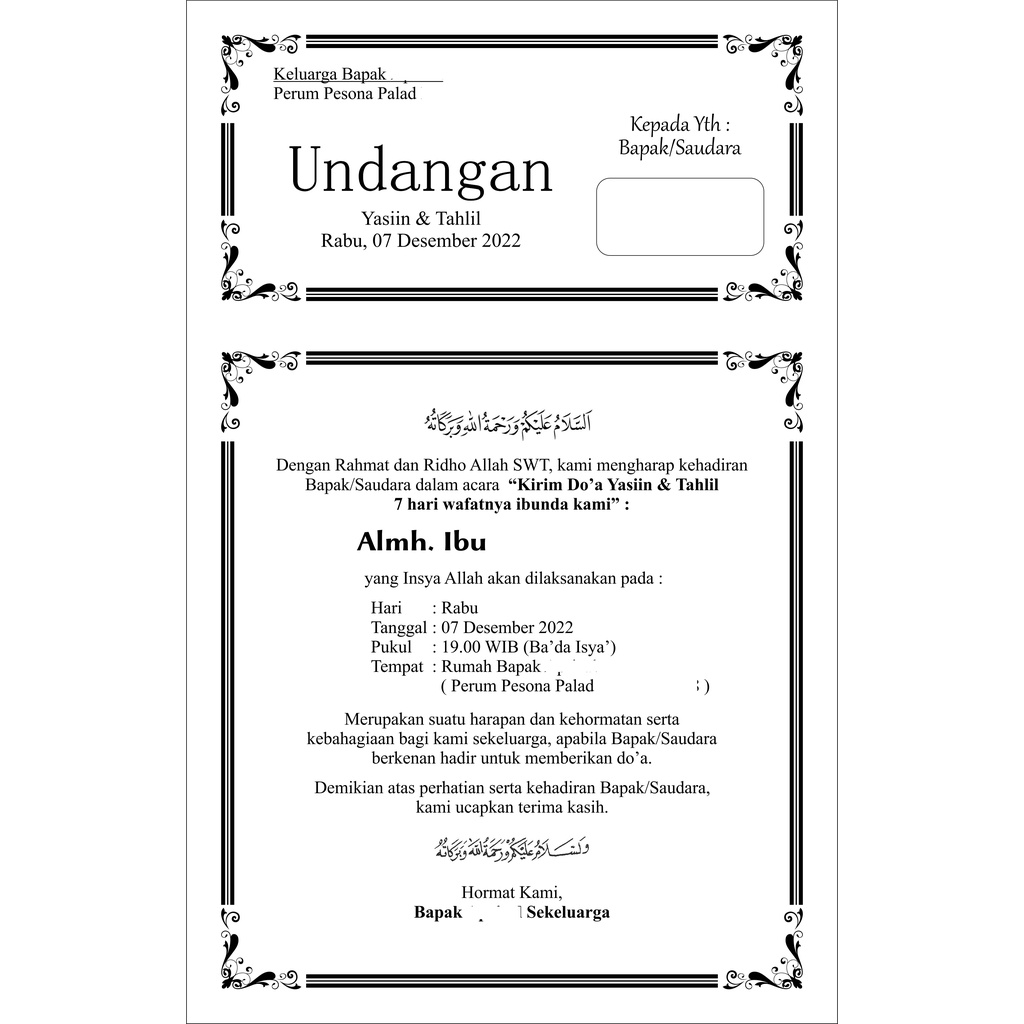 

Undangan tahlilan Yasinan Kertas HVS F4 FOLIO