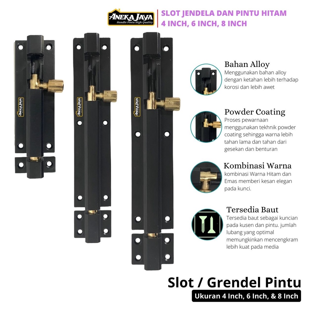 Grendel Slot Pintu 4 inch 6 8 Hitam Kunci Tambahan Selot Bahan Allumunium Tebal