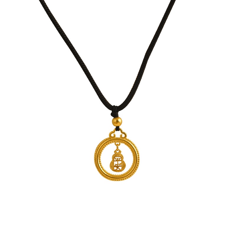 Goldkingdom Perhiasan Fashion Emas Asli Kadar 375Bangkok Aksesoris Ready Stock Lapis Emas Calabash Peace Cincin Kalung Wanita Bisa Tarik Adjustable Tali Hitam