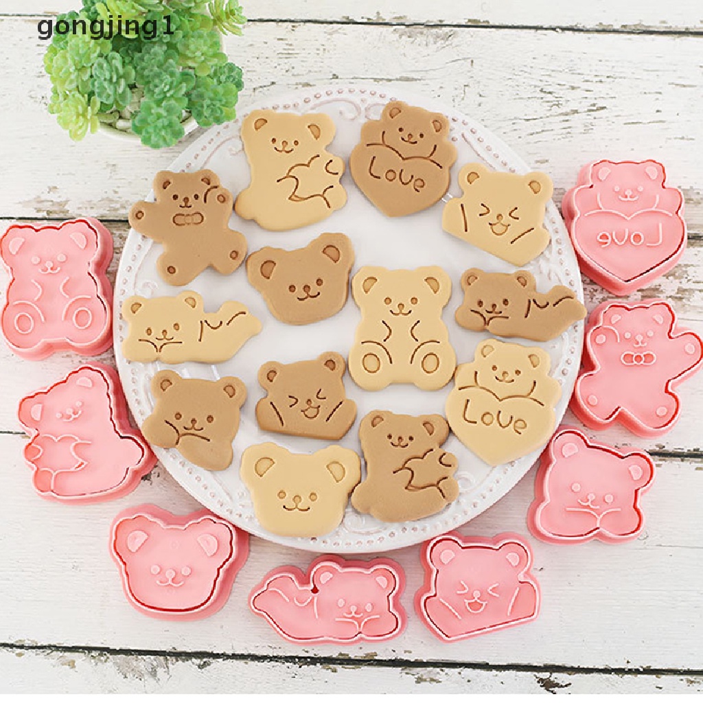 Ggg 8PCS Pemotong Kue Kering Bentuk Beruang Plastik 3D Cookie Stamp Biscuit Pressable Mold ID