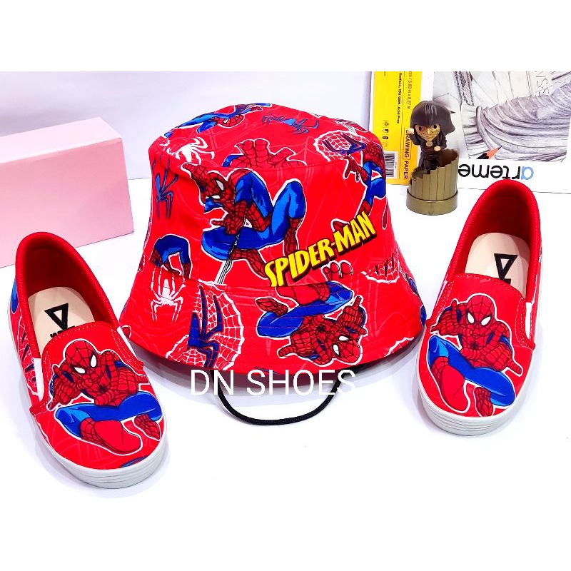 Paket Sepatu Anak Topi Bucket Anak Paket Slip On Bucket Hat Anak Laki Laki Spiderman Merah Keren