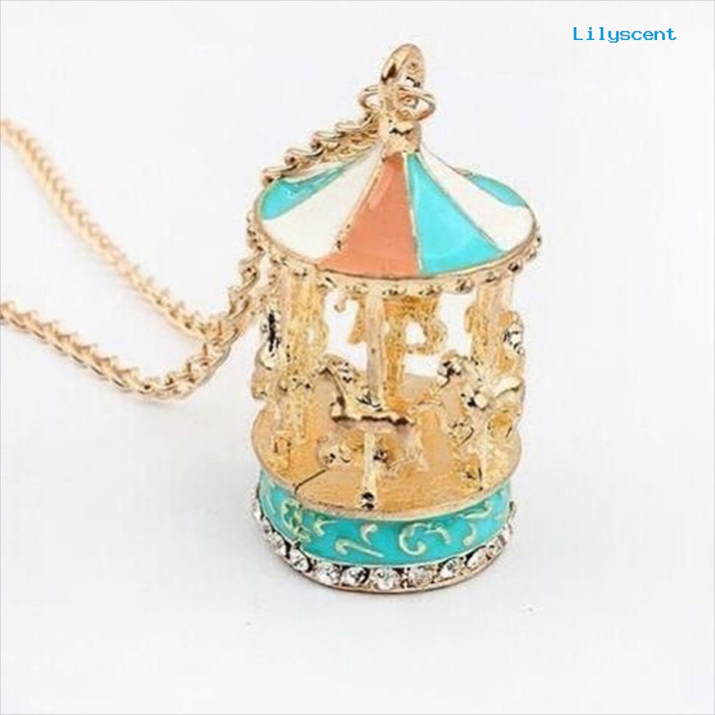 [LS] Wanita Enamel Carousel Merry-Go-Round Charm Liontin Kalung Rantai Hadiah