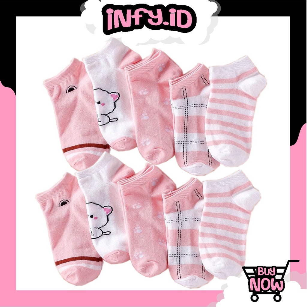 INFY - Kaos Kaki Wanita Motif Pink Cat Kucing Meow Fashion Korea Women Sock Import Murah KK012