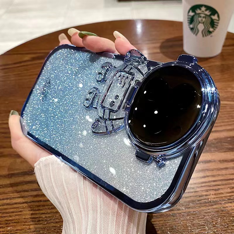 IPHONE Mewah Plating Glitter Astronot Berdiri Perlindungan Lensa Casing Ponsel Kompatibel Dengan Iphone11 12 13 14 Pro Max14 plus XR Kreatif Clamshell Shockproof Back Cover