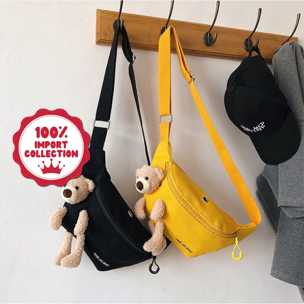 CHIKOISME - AML BEAR Waist Bag Tas Selempang Bahu Waistbag Canvas Gantungan Boneka Lucu Slingbag Unisex  Remaja Cute Korean Import NR