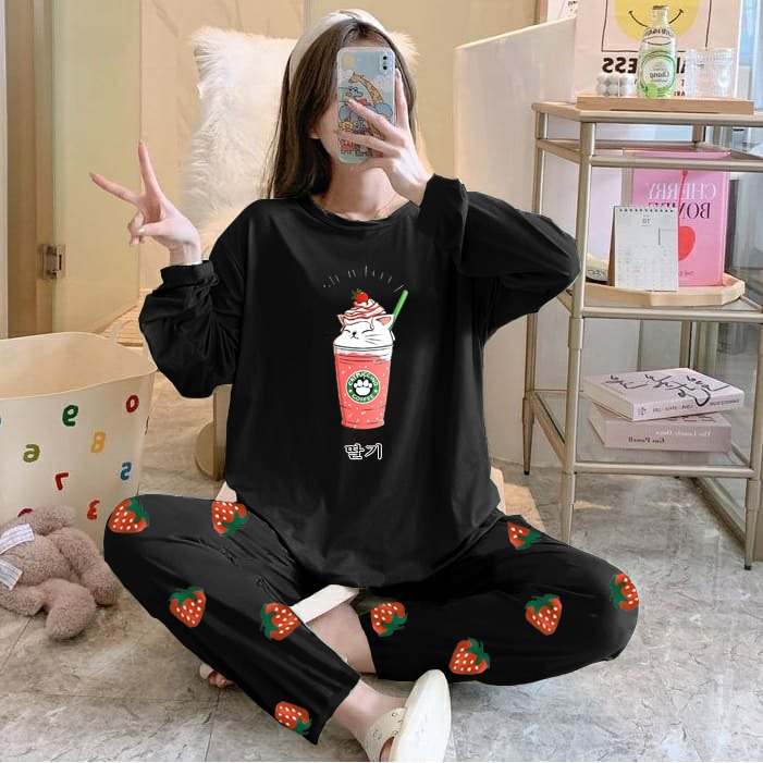 Piyama Import Lengan Panjang PP Longsleeve Baju Tidur Lucu Strawberry Frappe