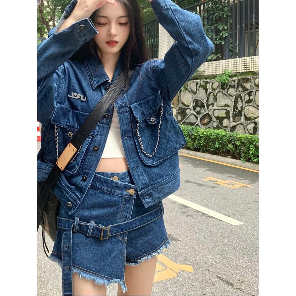 Celana pendek denim pedas cocok untuk wanita 2022 jatuhnya desain jalan retro baru rasa jaket denim