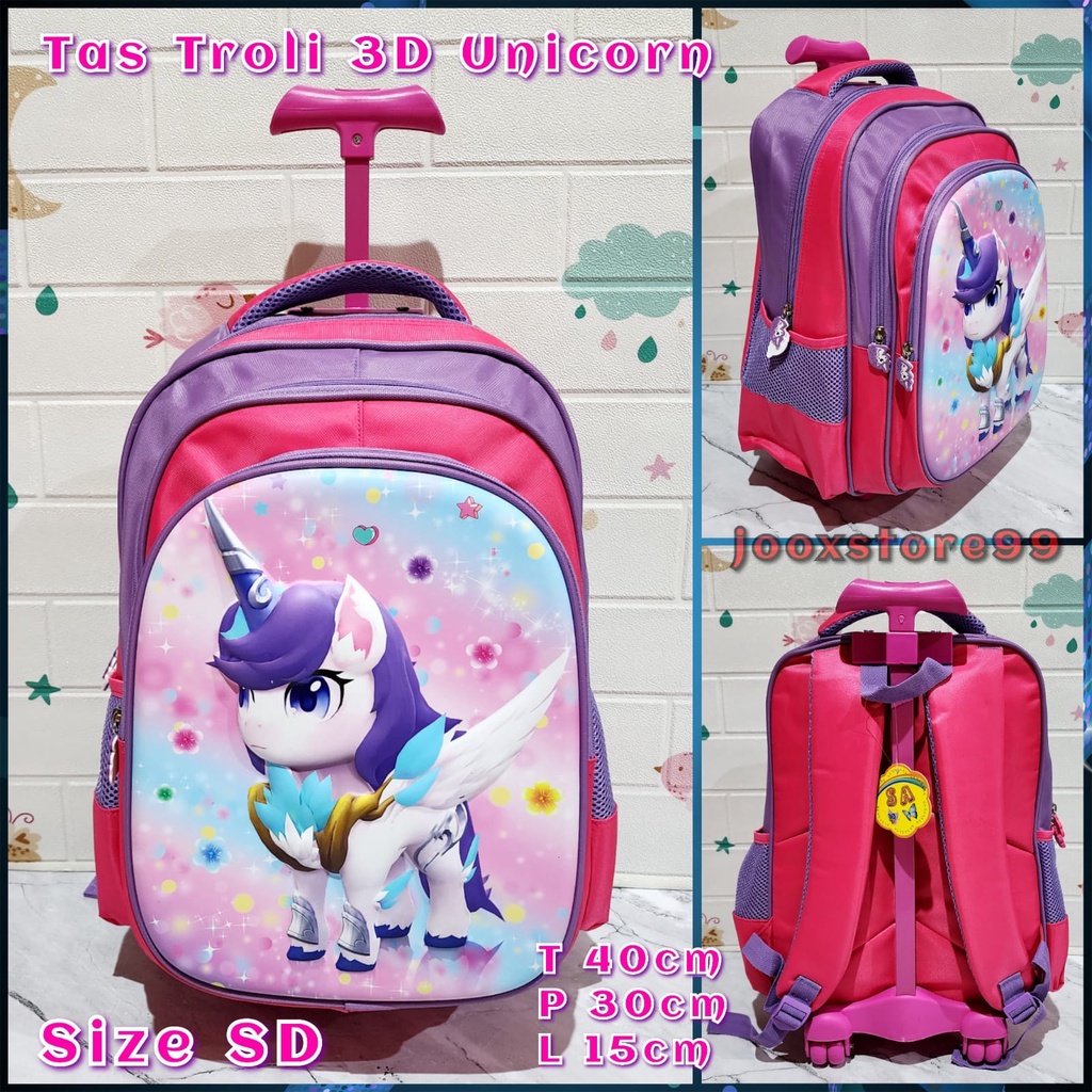 Tas Sekolah Troli Anak SD Motif Mermaid Unicorn Frozen Superhero Timbul 3D Tas Import Trolley Anak Perempuan dan Laki-Laki Tas Dorong Anak Koper Sekolah