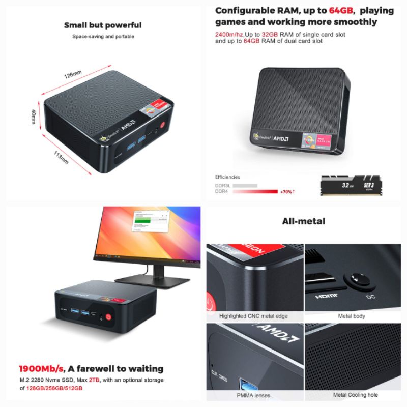 MINI PC BEELINK SER3 3750H AMD RYZEN 7 RAM 16/500GB Win 11 Pro