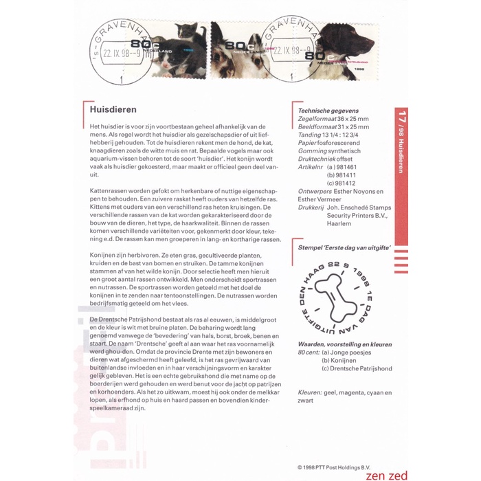 

A279 Prangko Info Page Belanda 1998 Pets 1 Pcs
