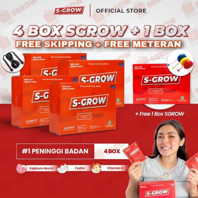 S-Grow - Peninggi Badan Badan Terbaik ( 4 Box SGROW+ 1 Box SGROW ) Free Skipping &amp; Free Meteran