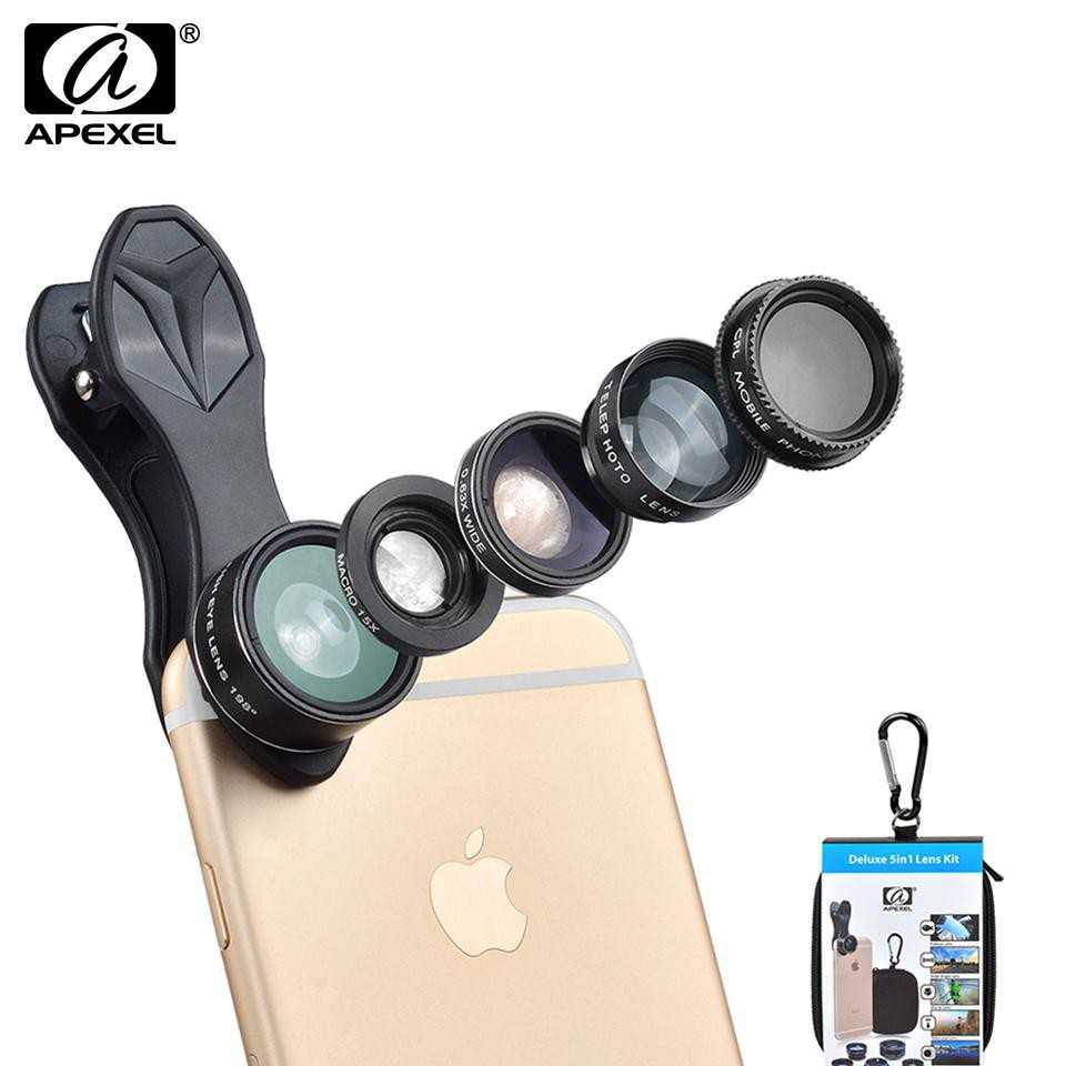 Grosir APEXEL 5 in 1 Lensa CPL Fisheye Macro Telephoto Wide Angle - APL-DG5H TB -1034