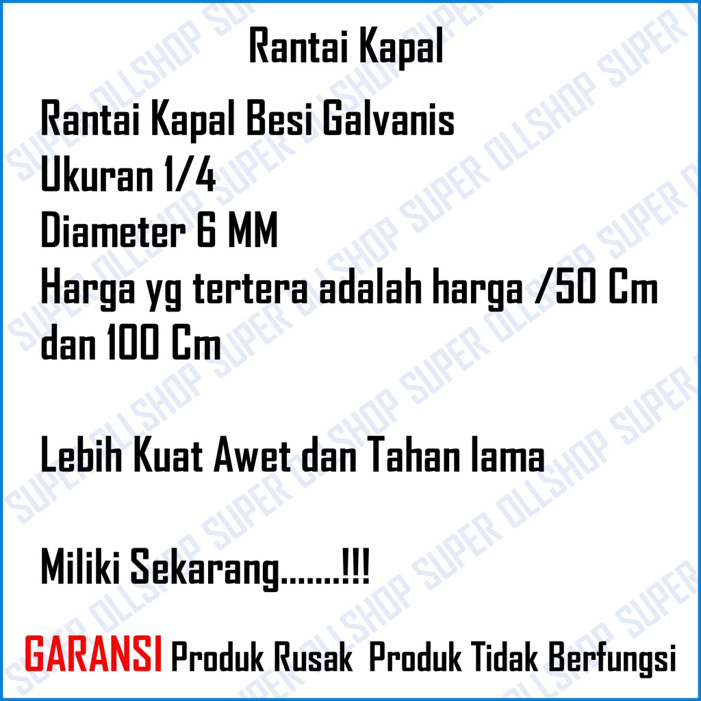 Rantai Besi Galvanis 6 mm / Rante Besi 6 mm Eceran Per 1 Meter 50 Cm / Rantai Besi Kapal Pagar Galvanis 1/4 Besar