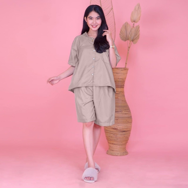 Setelan Wanita Piyama Polos Jumbo Pendek WARNA RANDOM | Full Kancing WARNA RANDOM | Baju Tidur Wanita | Premium Quality | COD