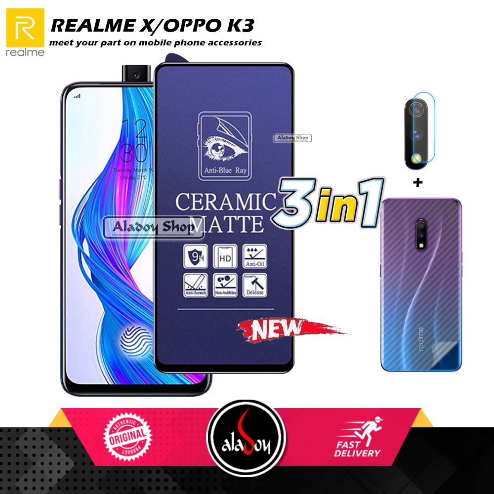 PAKET 3IN1 Anti Gores Blue Matte Anti Glare Realme X/Oppo K3 + Tempered Glass Camera dan Skin Carbon