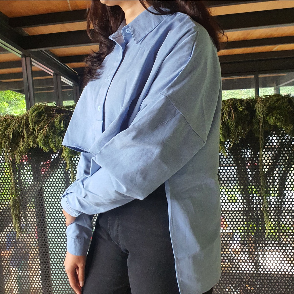 Manche Denim Asymetris crop top kemeja blouse atasan wanita