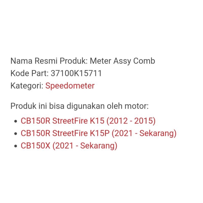 37100-K15-711 Speedometer Assy Comb Honda CB150R StreetFire K15 ORI ORIGINAL ASLI HONDA AHM