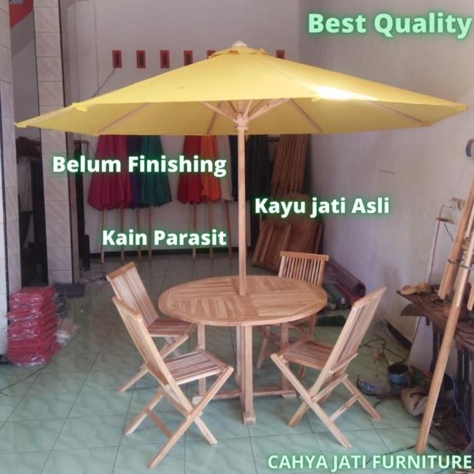 Set Meja Payung Taman Cafe Outdoor Tenda Payung Cafe Kayu Jati 4 Kursi