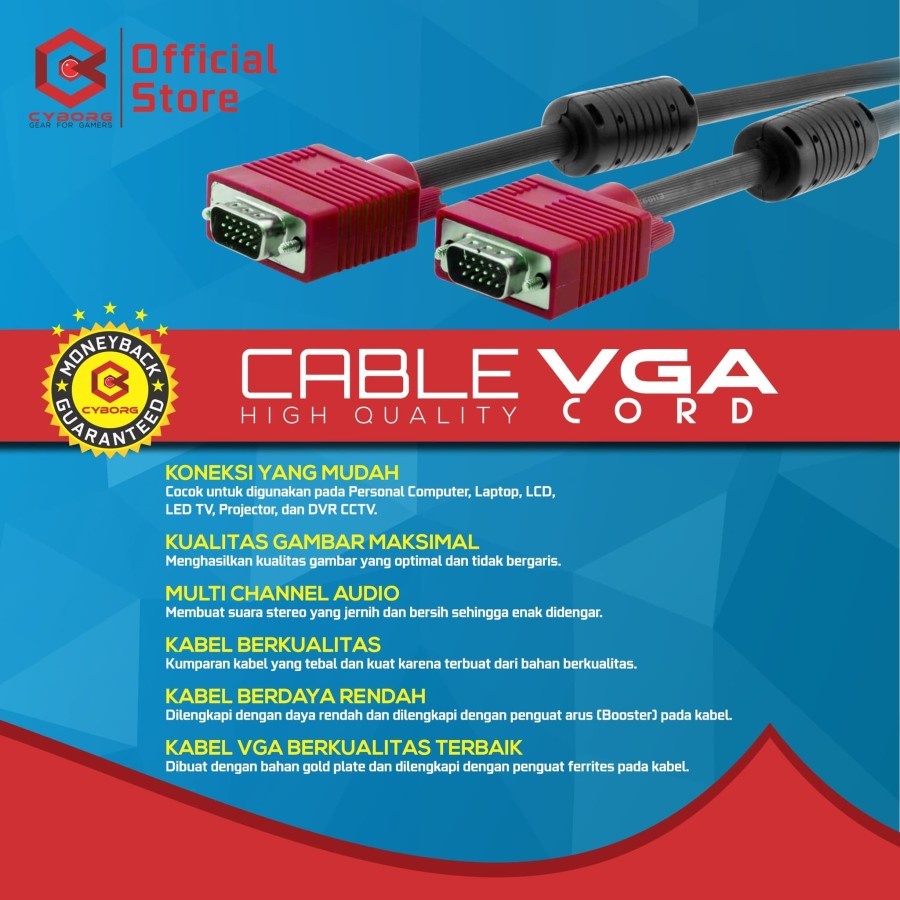 Cable vga cyborg 1.5 meter gold plated m-m 1080p FHD for pc cpu laptop - Kabel d-sub 15 pin db15 1.5m male goldplated for monitor projector tv