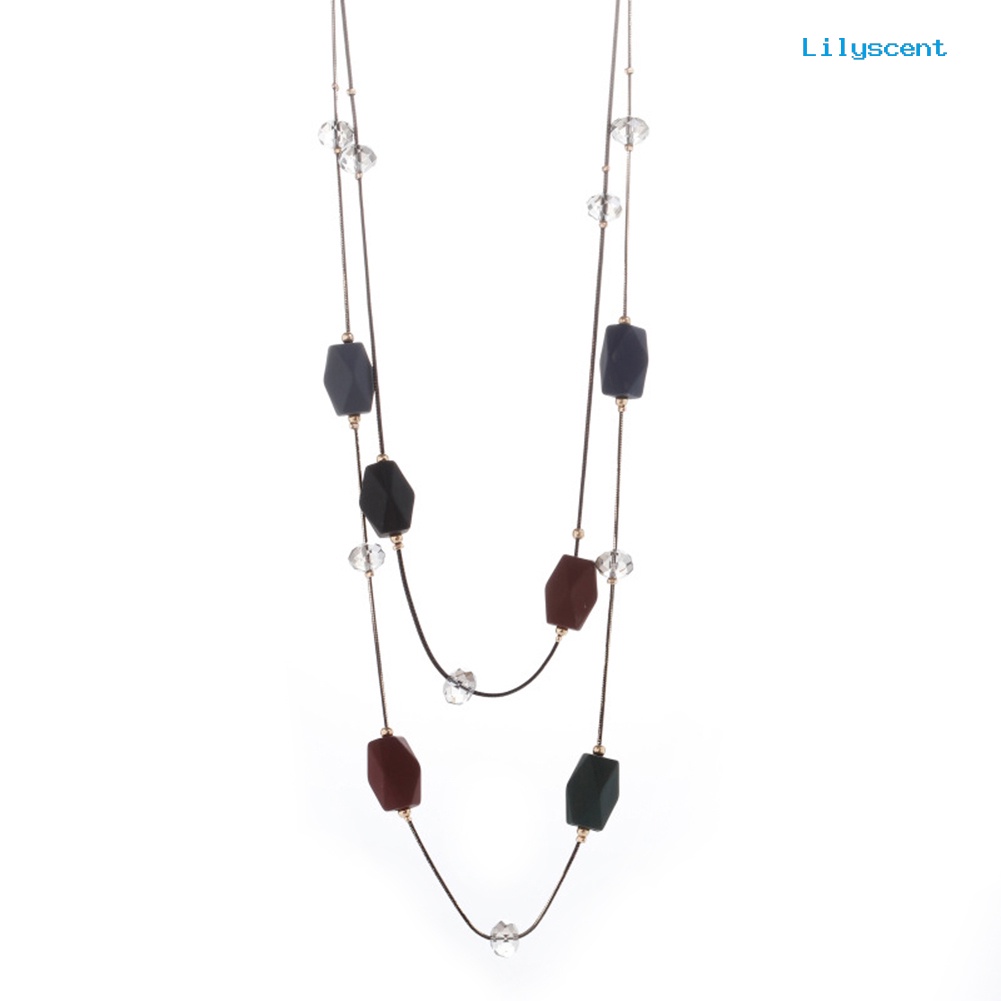 [LS] Ringkas Double Layers Geometri Beads Kalung Rantai Panjang Wanita Ornamen