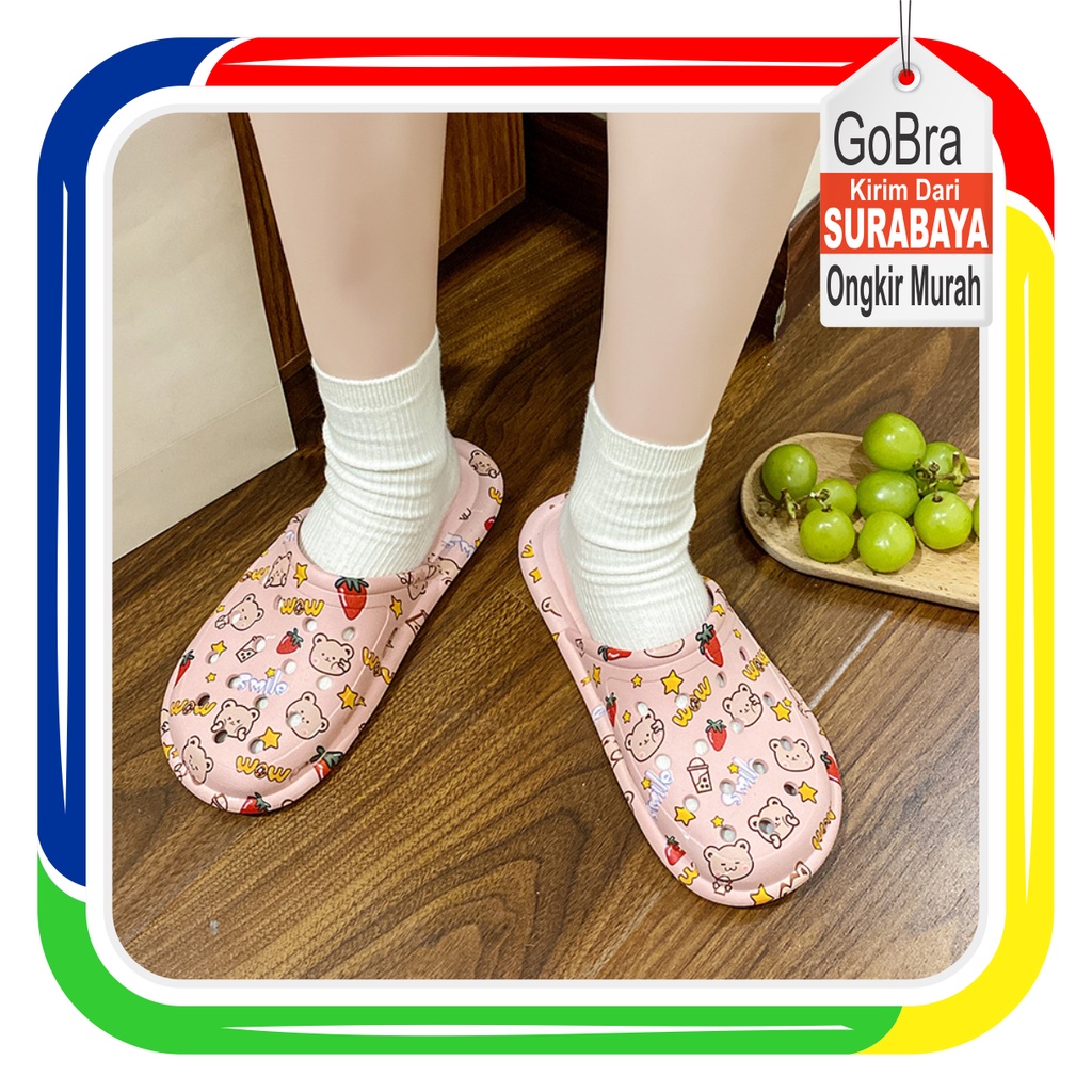 Gobra ♕ SA020 Sandal Soft Slip On Import Sendal Rumah Motif Bear Cute Fashion Korea Wanita Bahan Rubber Anti Sakit