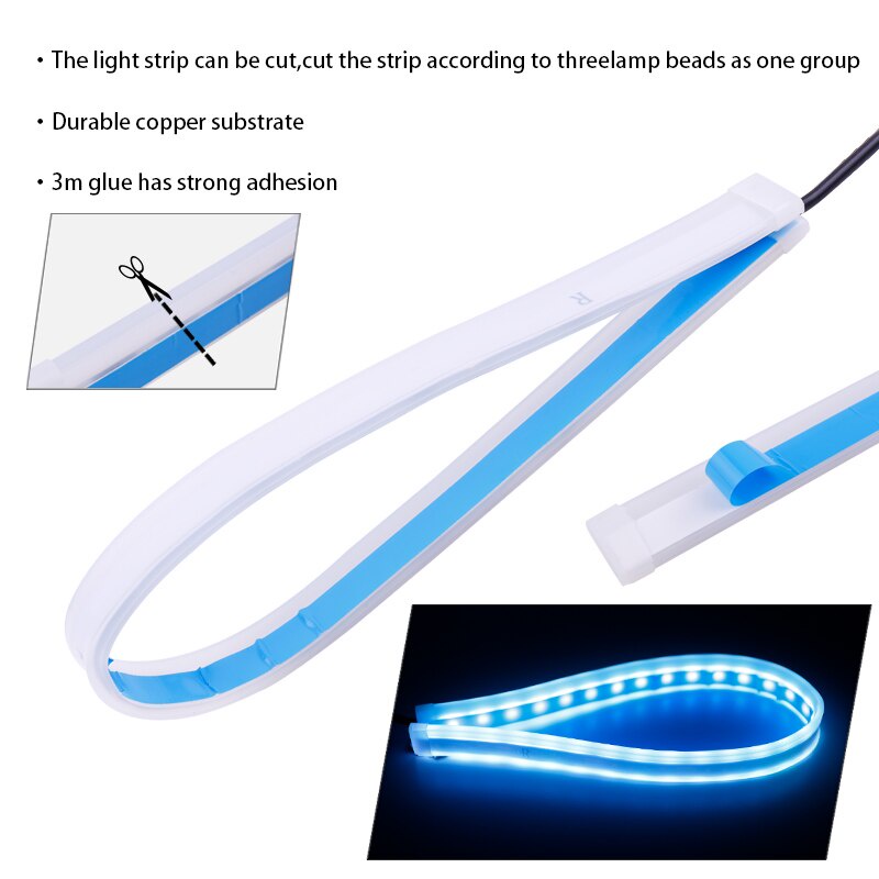 lampu Alis LED slim alis DRL fleksibel waterproof 12v 60cm 45cm 30cm 2 mode running motor mobil