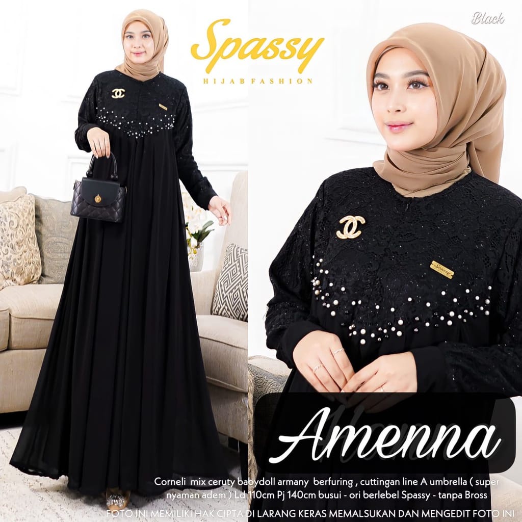 Amenna Dress Wanita Gamis Brukat Baju Kondangan Busana Muslim Wanita Terbaru Gamis Jumbo Ceruty Babydoll Aksen Mutiara